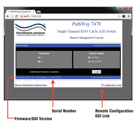 Remote Control GUI Information and Configuration Link form Model 7470 RJ45 A/B Switch